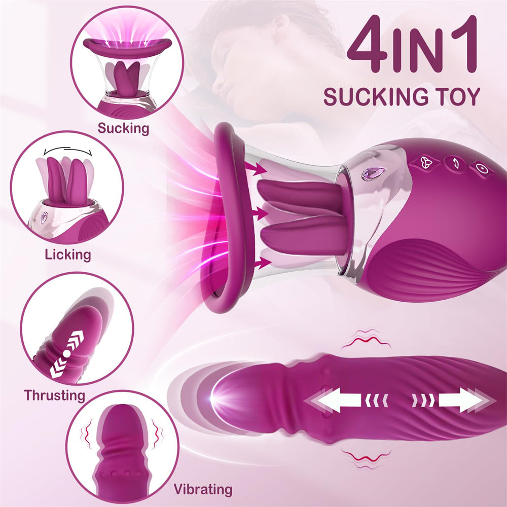 Lurevibe - Rose Sex Toy 4 In1 Tongue Licking Thrusting G Spot Vibrator Clitoral Nipple Sucker Pump Stimulator