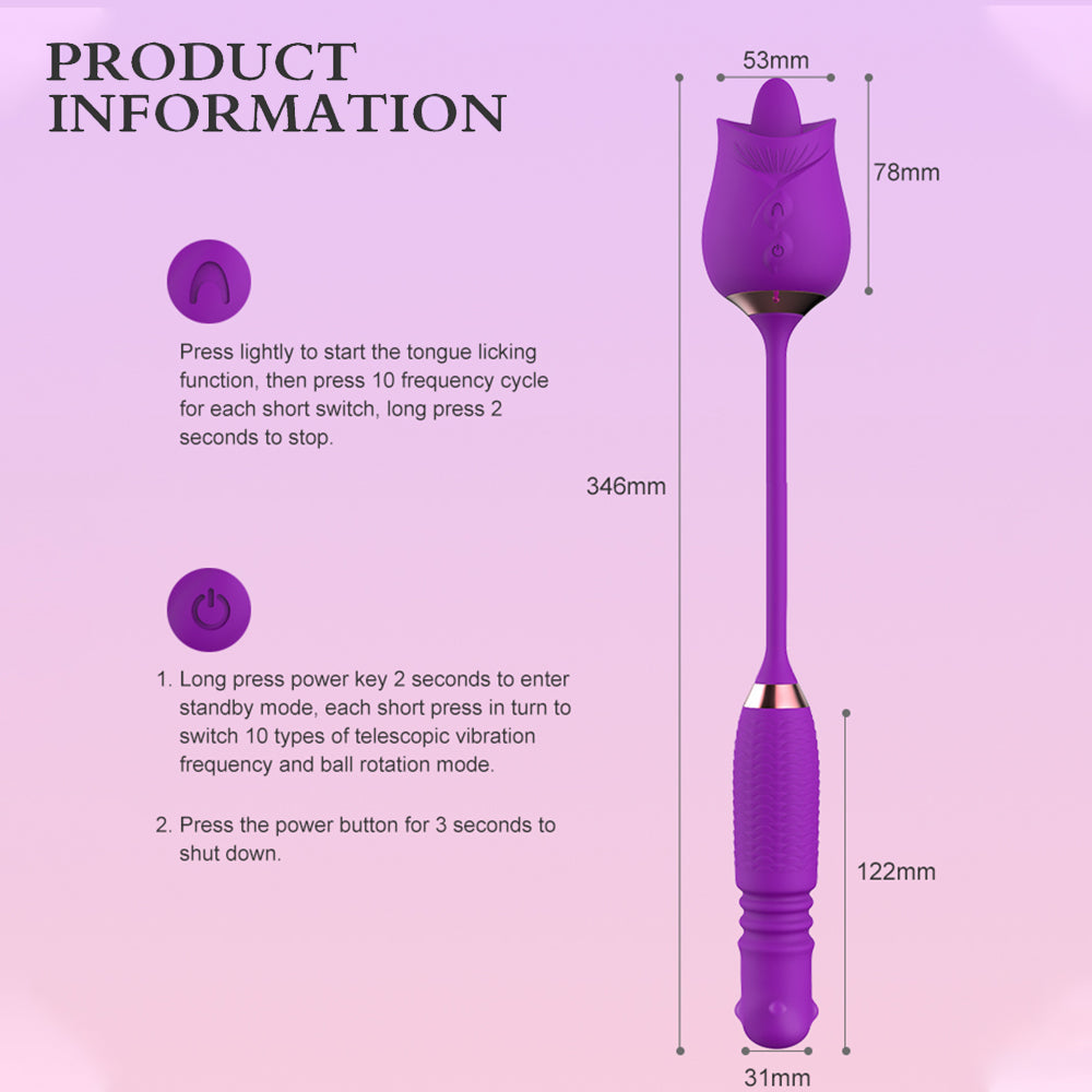 Lurevibe - Purple Rose Toy Rotating Pearls Telescopic Tongue-licking Vibrator