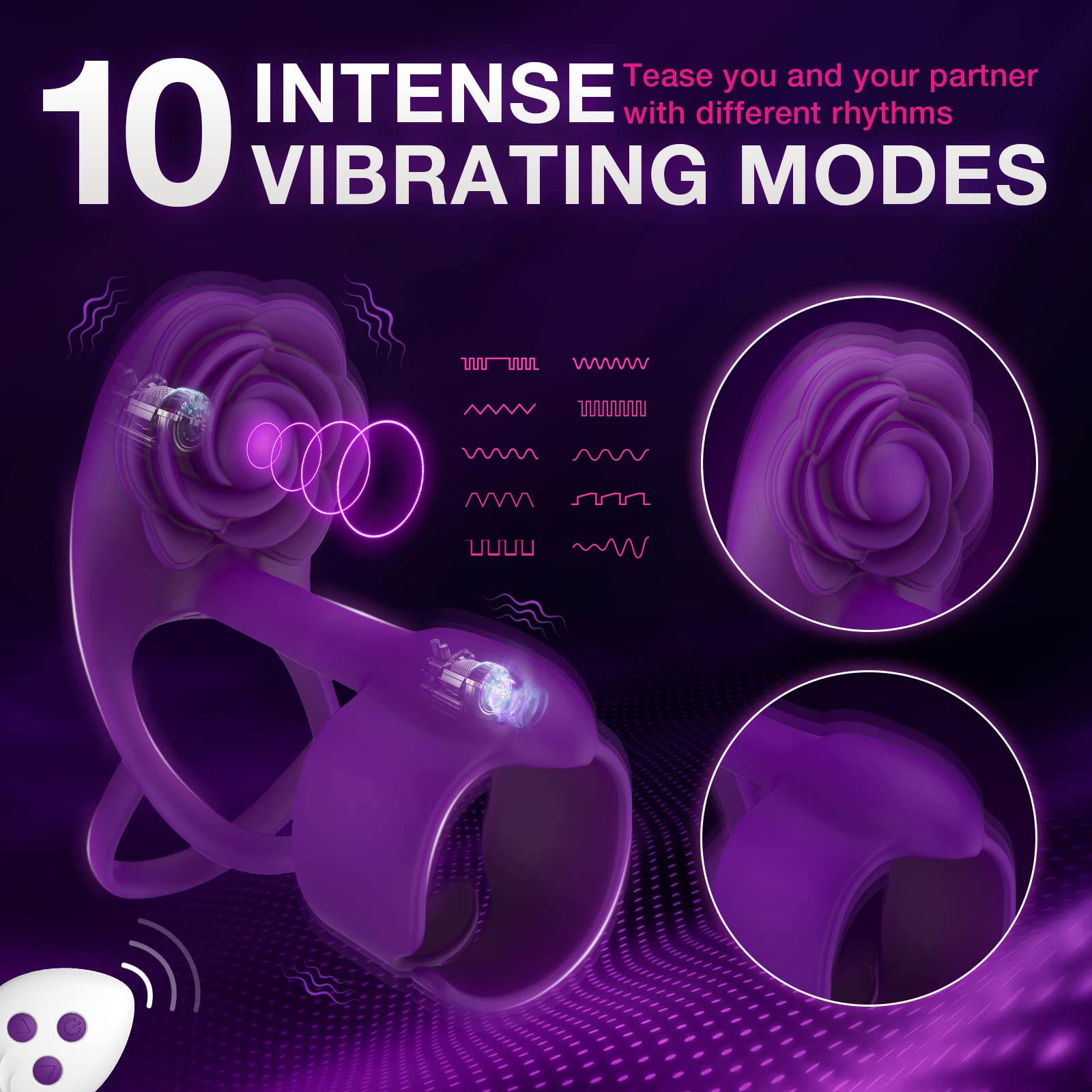 Desiretouch - 3 IN 1 Vibrating Rose Penis Ring with 10 Vibration