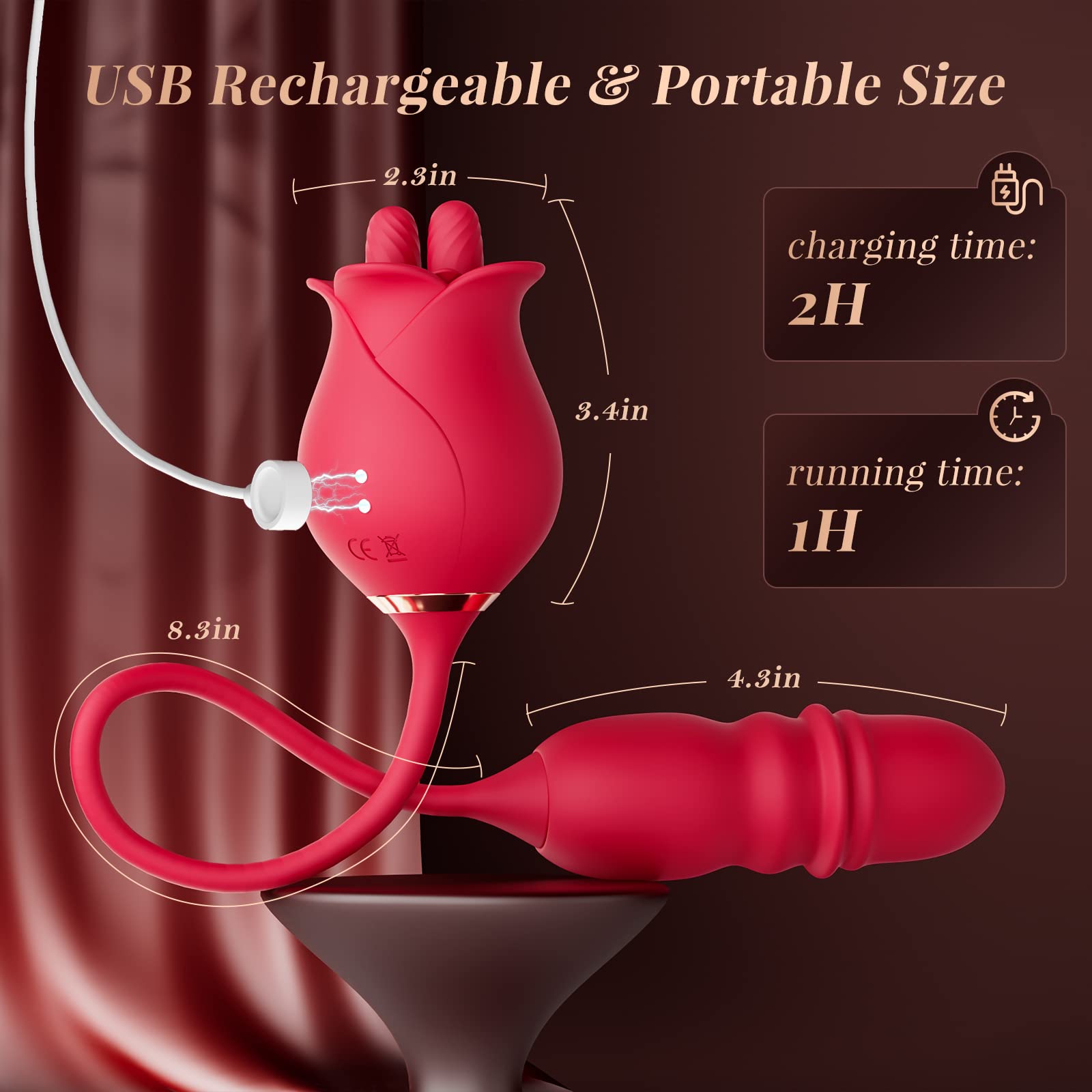 Lurevibe - Rose Romeo 3in1 Dual Tongue Rose Adult Toys Vibrators with 10 Licking & 10 Thrust, Clitoral Nipple Anal G Spot Vibrator