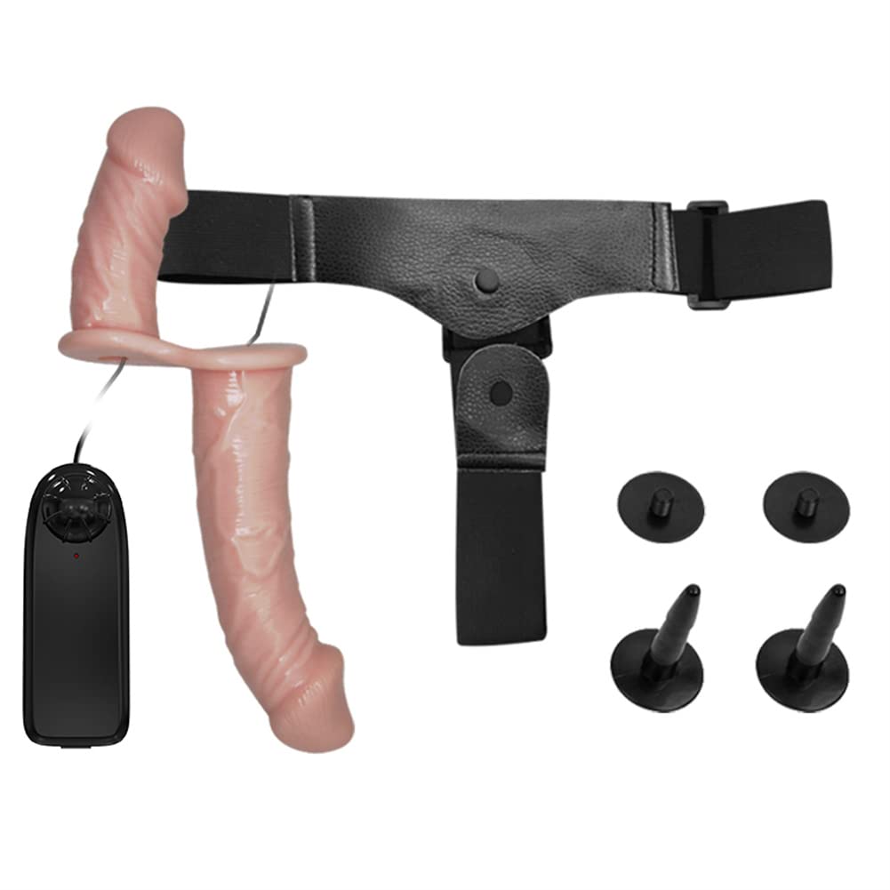 Vibrating Strap On Dildo Vibrator Double Dong with Adjustable Harness, MLSice Dual Penetration Harness Dildo Vibrator Female Couple Anal Sex Toy for Lesbians - Flesh