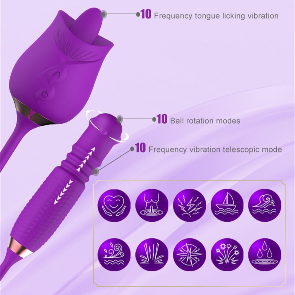 Lurevibe - Purple Rose Toy Rotating Pearls Telescopic Tongue-licking Vibrator