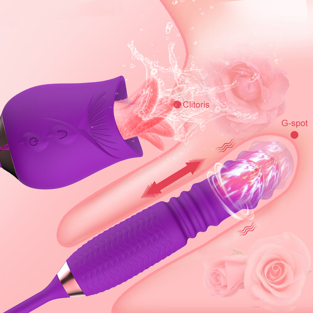 Lurevibe - Purple Rose Toy Rotating Pearls Telescopic Tongue-licking Vibrator